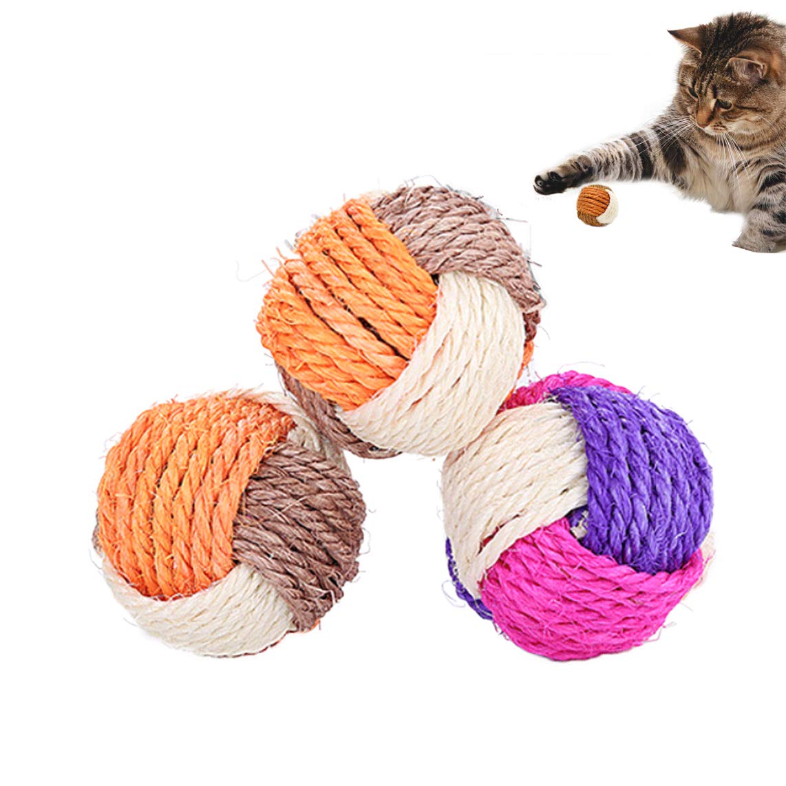 SUNTRADE 3pcs Cat Toy Sisal Ball Pet Scratching Ball Chewing Environmentally Friendly Toy Animals Interactive Toy Bite and Wear Resistant (Random Colour)