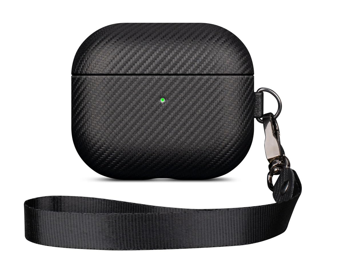 Haobobro [Carbon Fibre Texture] AirPods 3 Case Cover - Handmade AirPods 3rd Generation Case with Lanyard and Carabiner - Shock-Absorbing Protective Case with Premium Finish - Black