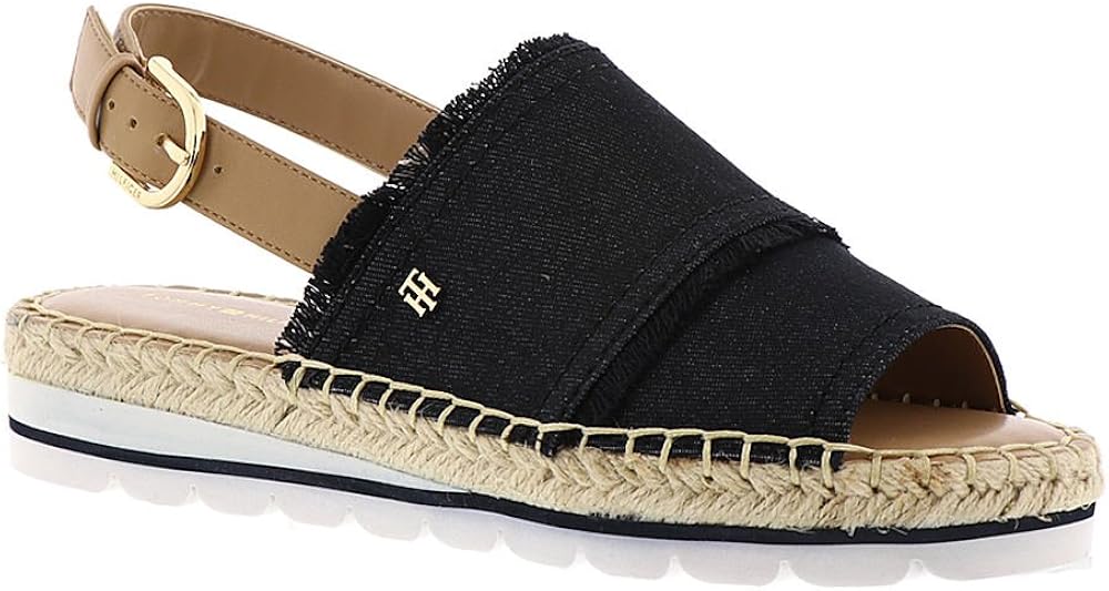 Amazon.com | TOMMY HILFIGER Grove Espadrille Wedge Sandals Black Canvas Fabric 9.5M | Shoes