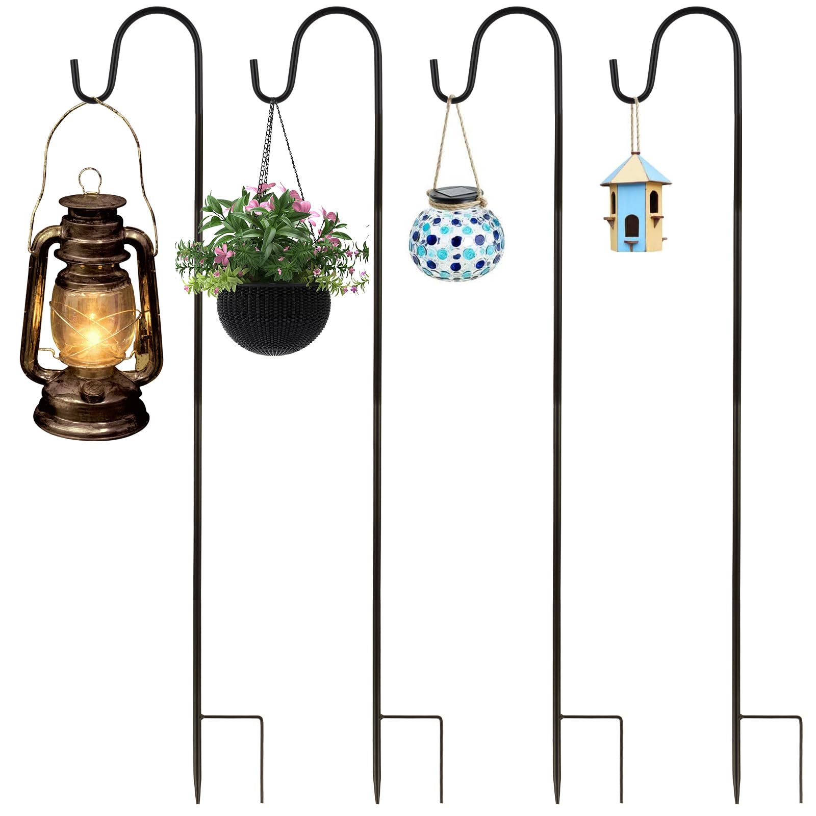 ASelected Metal Shepherds Hooks for Garden Lights,80Cm Adjustable Shepherds Hook with Metal Stake Base,Garden Heavy Duty Hooks for Hanging Lanterns,Plant Baskets,Garden Lights,Wedding,Black 4Pcs