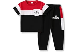 Klyatpxoen Size 4-8 Years Toddler Boys Outfits Set Kids Short Sleeve T-Shirt & Pants Color Block Clothing Sets