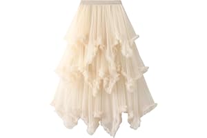 IMISSILLEB Women's Tulle Skirt Asymmetrical Pleated Elastic High Waist Layered Tutu Skirt Casual Cocktail Party A-Line Mesh Midi Skirt