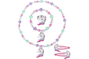 YARKEUIER Girls Play Necklace and Bracelets Ring Hair Clips Toddler Unicorn Jewelry Kids Little Girls Unicorn Necklace Set Charm Rainbow Unicorn Pendants Party Favors Toddlers Colorful Dress up Jewelry Gifts-AA001