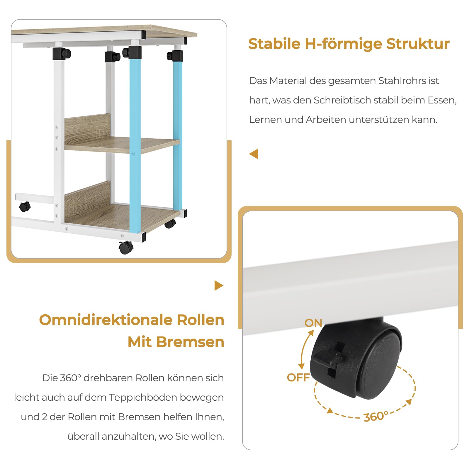 Dripex Beistelltisch mit Rollen Pflegetisch Höhenverstellbar, Schreibtisch aus Holz, Sofatisch Nachttisch Kaffeetisch Schlafzimmer, Laptoptisch Wohnzimmer, Beige 3