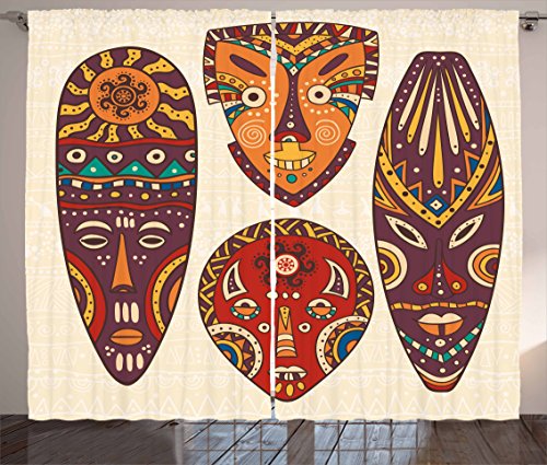 Tiki Bar Decor Curtains by Ambesonne, Decorative Mask Designs African Aborigine Art Patterns Cultural Ethnic Print, Living Room Bedroom Window Drapes 2 Panel Set, 108 W X 63 L Inches, Multicolor