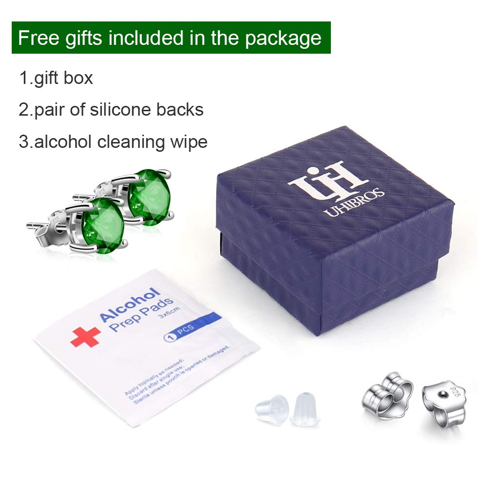 UHIBROS Sterling Silver Birthstone Stud Earrings Round Cubic Zirconia Diamond May