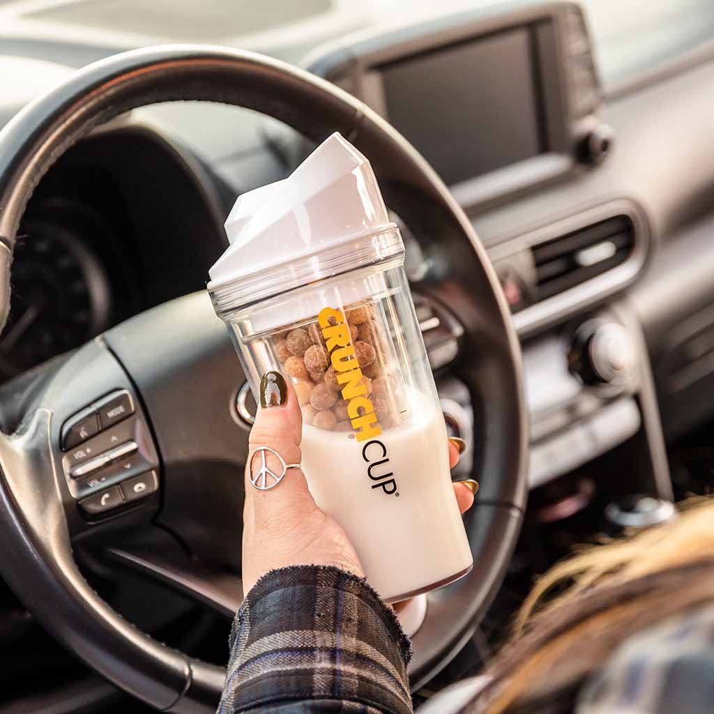 CRUNCHCUP XL White - Portable Plastic Cereal Cups for Breakfast On the Go, To Go Cereal and Milk Container for your favorite Breakfast Cereals, No Spoon or Bowl Required
