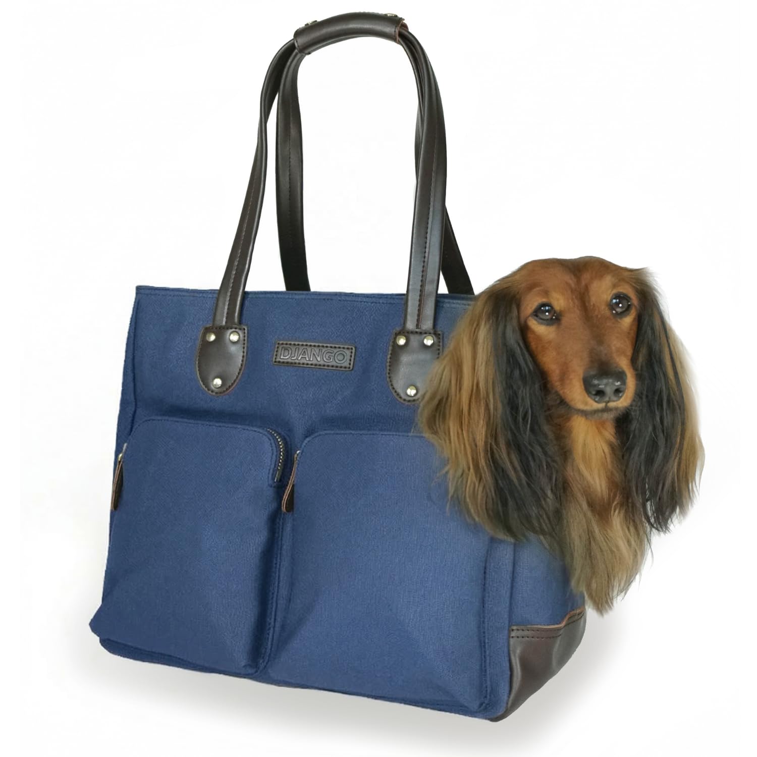 DJANGO Waxed Canvas & Leather Dog Carrier Tote Bag – Premium Soft-Sided Travel Dog Purse with Safety Leash, WR Lining, & Large Zipper Pockets – Everyday Pet Carrier for Small Dogs (Navy Blue, Medium)