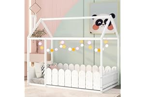 Harper & Bright Designs House Twin Bed for Kids, Twin Size Bed with Roof and Fence, Wood Bed Frame for Kids, Teens, Girls & Boys, Easy Assembly (White)
