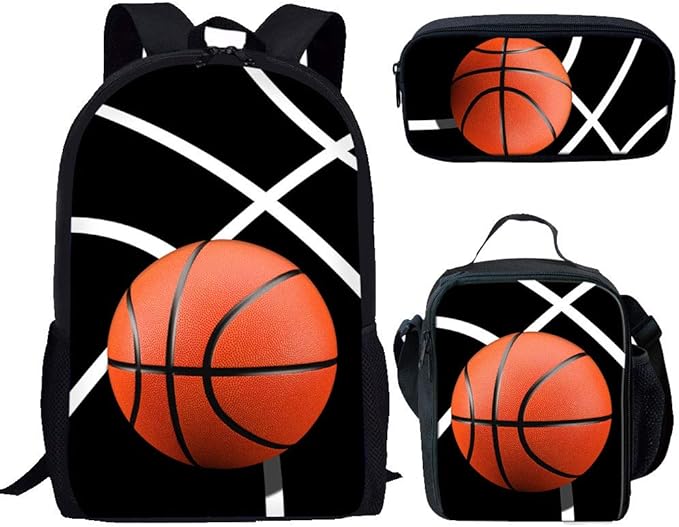 Showudesigns Boys Backpack Basketball Print School Bag Pack and Lunch Bag Set for Primary School