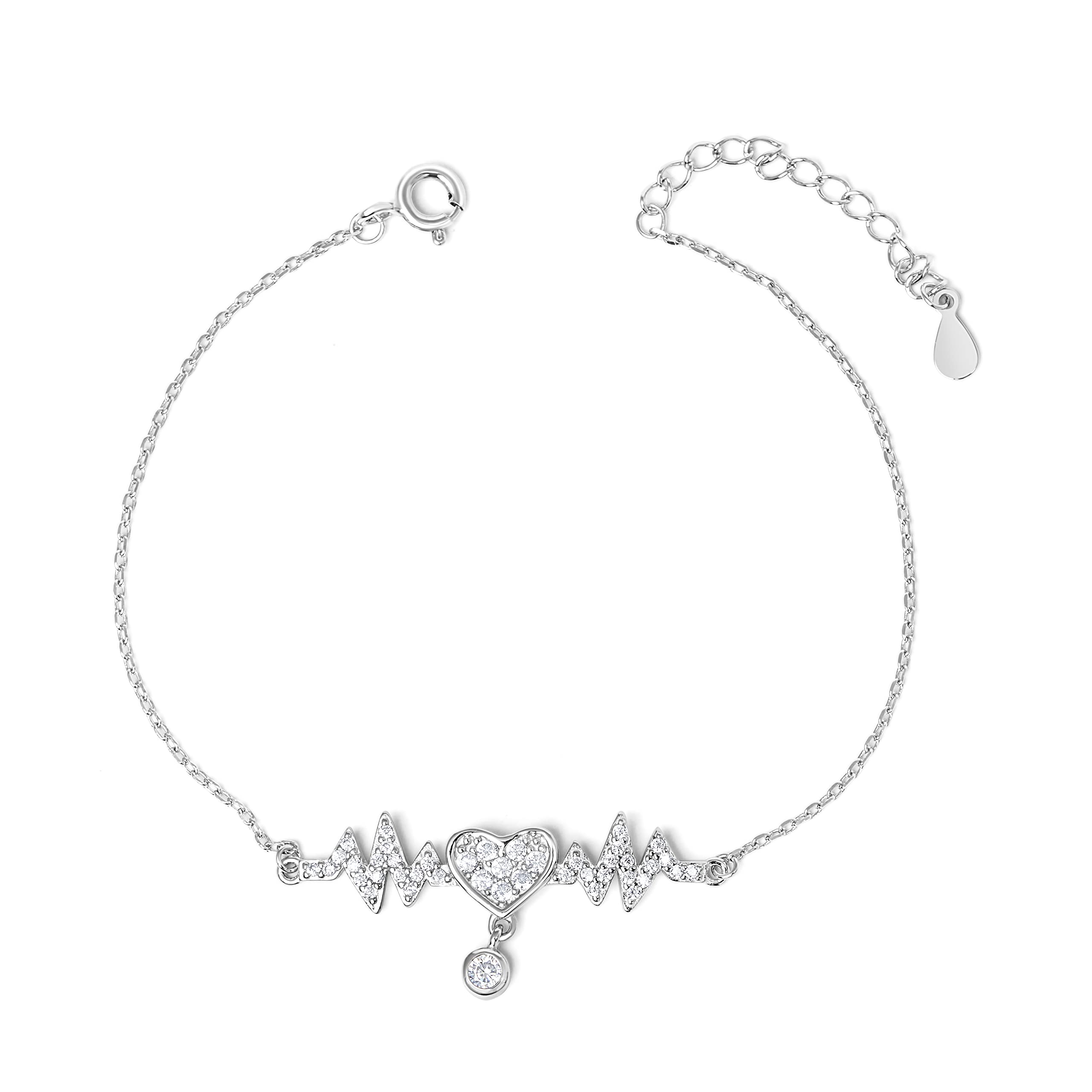 Women’s 925 Sterling Silver Heartbeat Charm Marinella Bracelet, a Great Gift or Present for Ladies