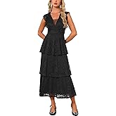 WOMLAYOUT Women's Lace Dress for Wedding Guest Cocktail Evening Ruffle Cap Sleeves Tiered A-Line Maxi Dresses