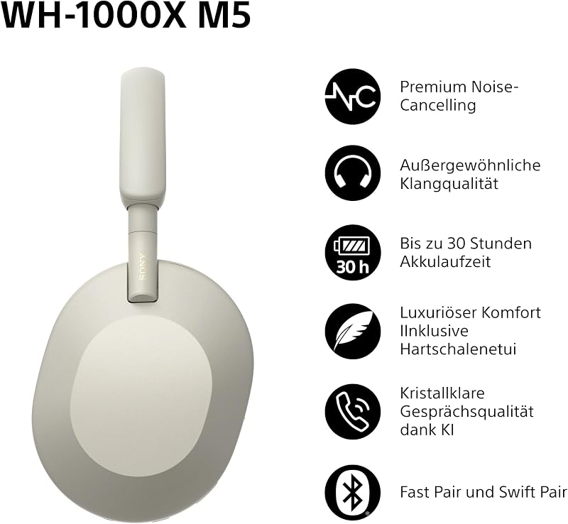 WH-1000XM5 kabellose Bluetooth Noise Cancelling Kopfhörer (30h Akku, Touch Sensor, Headphones Connect App, Schnellladefunktion, optimiert für Amazon Alexa, Headset mit Mikrofon) Silber