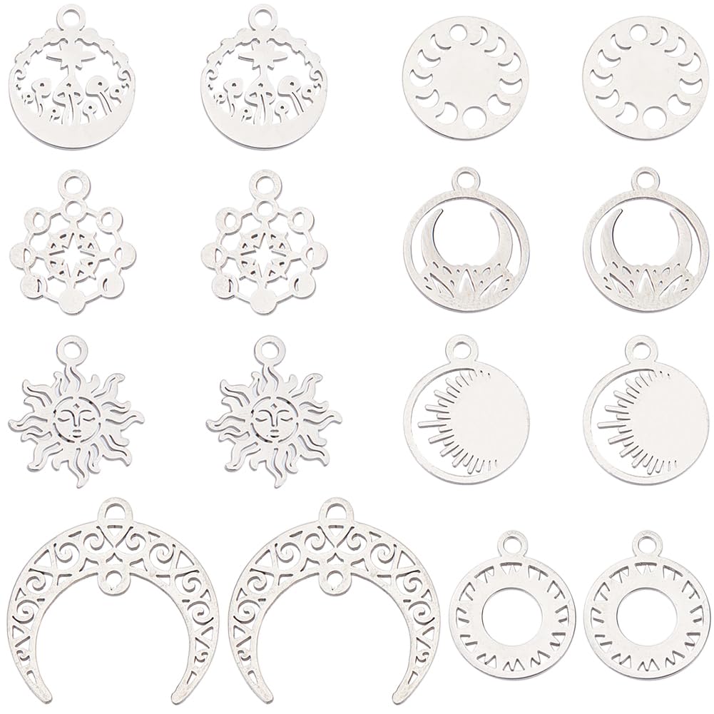 SUNNYCLUE 1 Box 16Pcs 8 Styles Moon and Star Charms Stainless Steel Tarot Charms Bulk Hollow Magic Mushroom Sun Silver Tarot Charms for jewellery Making Charms Supplies DIY Crafting Necklace Bracelets