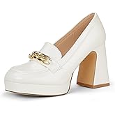 IDIFU IN4 Platform Heels Closed Square Toe Chunky Block High Penny Loafers Pumps with Metal Chain Wedding Prom Graduation Formal Dress Shoes for Women Dressy Slip On Thick Uniform Platform Pumps