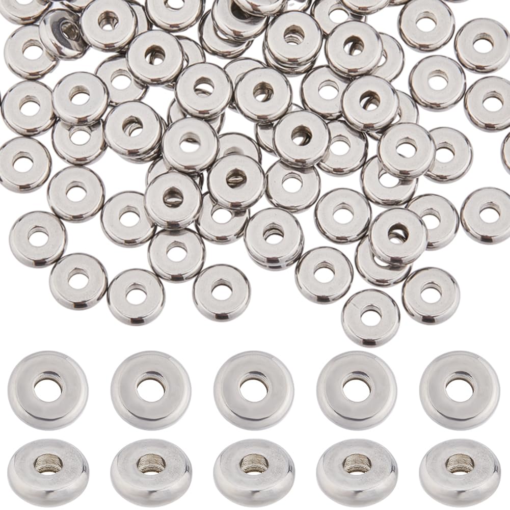 SUNNYCLUE 200Pcs Stainless Steel Round Spacer Beads, 6mm x 2mm, Perfect for Jewellery Making, DIY Bracelets, Craft Supplies