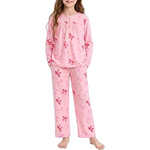 CARETOO Girls Pajamas Button Long Sleeve 2 Piece Pajama Set with Pants Printed Kids Sleepwear PJs for Girls 5-14 Years