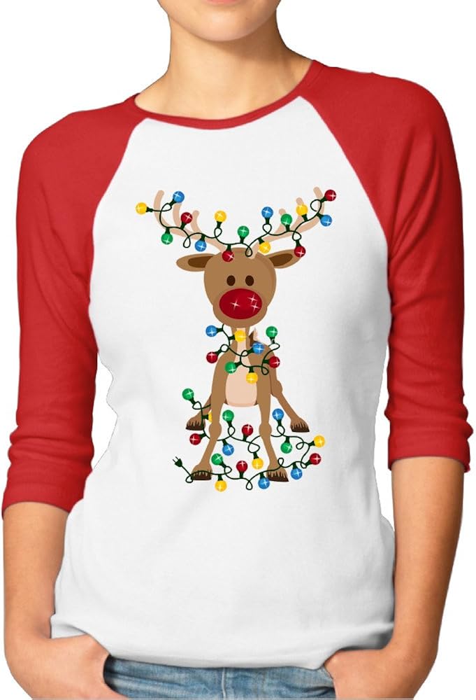 Adorable Reindeer Women's Occation 100% Cotton 3/4 Sleeve Athletic Baseball Raglan Sleeves T-Shirt