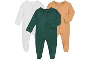 Aablexema Baby Zipper Pajamas Bamboo Rayon, 3pcs Unisex Infant Onesie with Mitten Long Sleeve Footed Pjs
