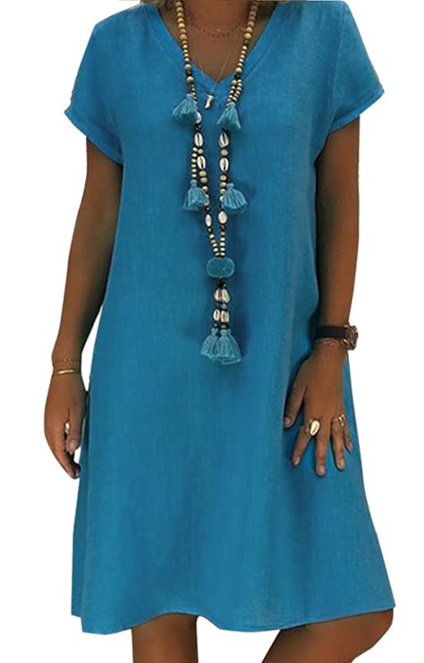 Yidarton Sommerkleid Leinen Kleider Damen V-Ausschnitt Strandkleider Einfarbig A-Linie Kleid Boho Knielang Kleid Ohne Zubehör