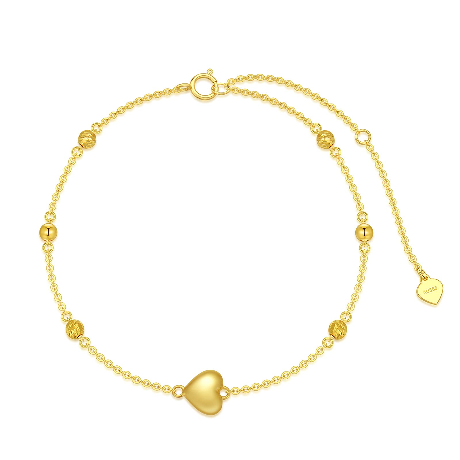 SISGEM 9 ct Gold Heart Bracelet, Solid Yellow Gold Beaded Link Bracelet, for Women Ladies Girls, 6.5"+1"+1"
