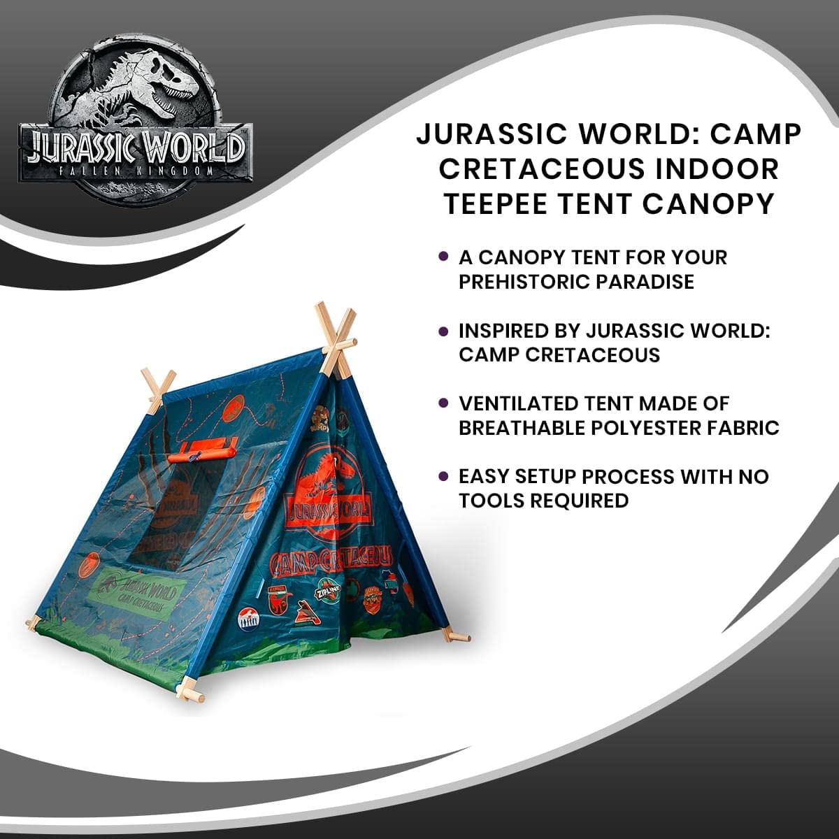 Ukonic Jurassic World: Camp Cretaceous Indoor Teepee Tent | Pop-Up Canopy Tents & Shelters, Fort Playhouse for Kids, Indoor Reading Nook | Dinosaur Toys & Games, Gifts and Collectibles | 5 x 4 Feet