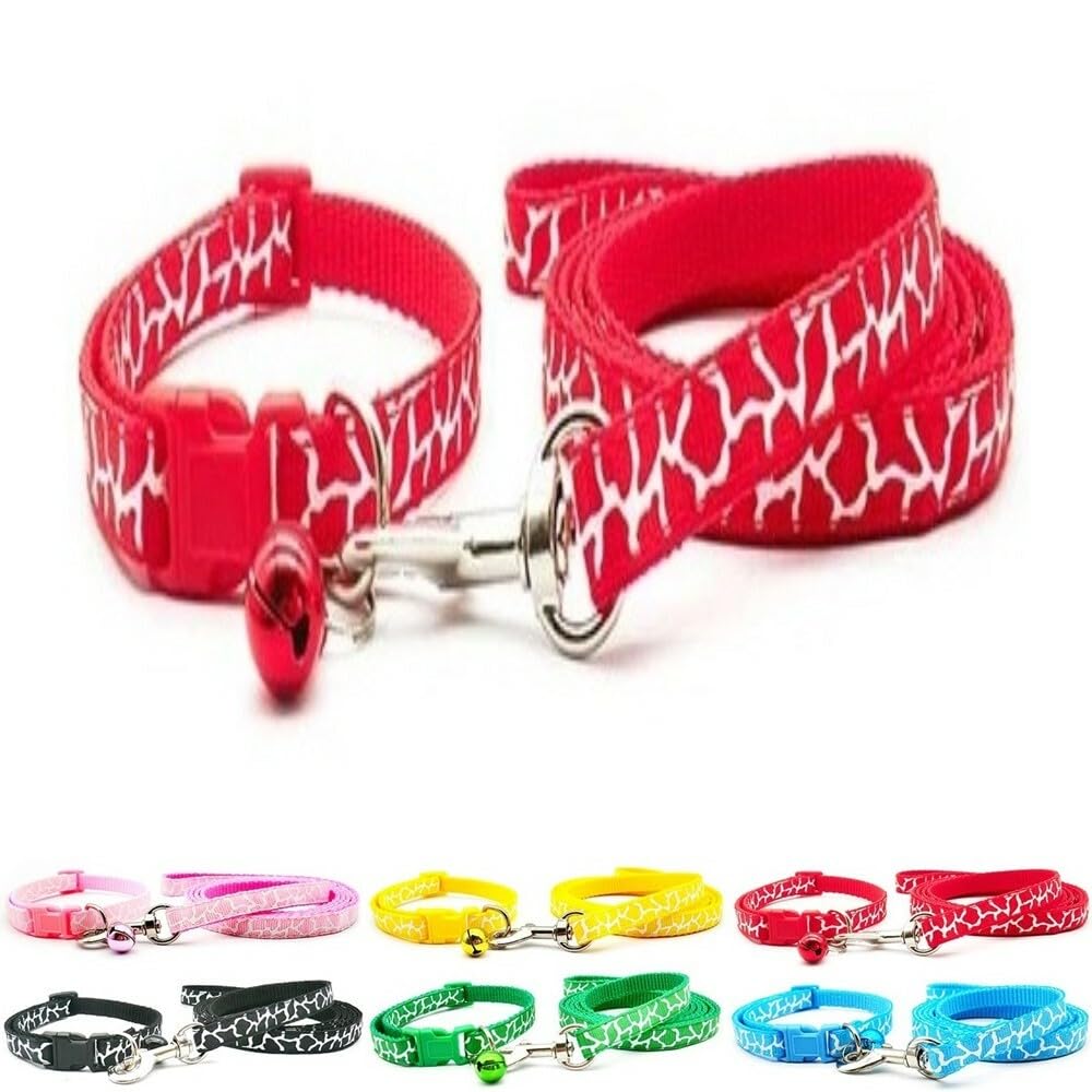 Small Dog Puppy Pet Collar and Lead Set Zebra Giraffe Animal Print Design Nylon Adjustable Size 19-32cm Collar with Bell and 120cm Leash Red