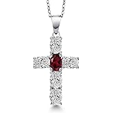 Gem Stone King 925 Sterling Silver Lab Grown Diamond and Red Rhodolite Garnet Cross Pendant Necklace for Women | 2.50 Cttw | Gemstone April Birthstone | Oval 6X4MM | With 18 Inch Chain