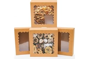 qiqee Auto-pop Up 30packs 10x10x2.5 Inch Cookie Boxes with Window Brown Bakery Box Pastry Box for Party、Birthday
