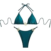 Falainetee Women's Metal Jewelry Bathing Suit High Waisted Halter Tie Back Swimsuit Bikini Set