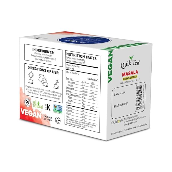 QUIKTEA VEGAN UNSWEETENED MASALA INSTANT CHAI TEA LATTE – 10 COUNT SINGLE BOX – CONVENIENT, EASY AYURVEDIC DAIRY FREE ALTERNATIVE – ALL NATURAL NON GMO SUPERFOOD
