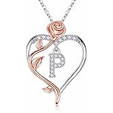 Iefil Rose Heart Necklaces Gifts for Women - 925 Sterling Silver Rose Heart Initial Necklace, Anniversary Birthday Gifts for Women, Jewelry Gift for Her Wife Girlfriend Mom Daughter