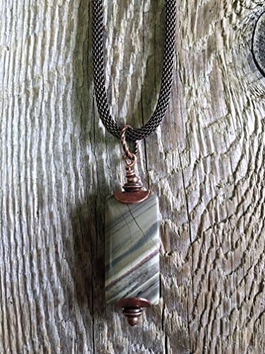 Jasper Necklace - Column Slab Cut Silver Mist Jasper Pendant - Copper Accents &amp; Spacers - Unique Copper Mesh Chain - 18" Length w/extension