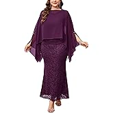 ZOMVA Plus Size 0X-4X Mother of The Bride Groom Lace Dress with Chiffon Cape Overlay Long Mermaid Dress Formal Wedding Guest