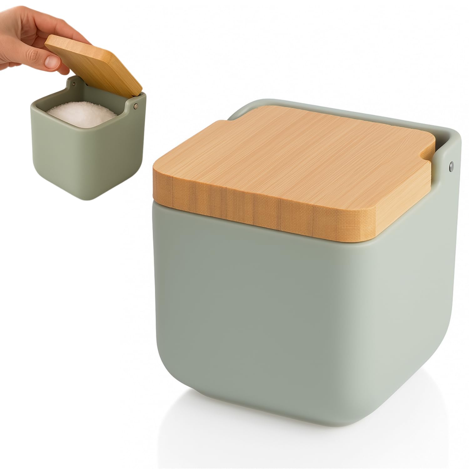 KOOK TIME Ceramic Salt Cellar with Bamboo Swivel Lid | Modern Kitchen Storage Pot for Salt, Spices or Sugar | 11.5 cm Sage Matt Finish — image 1