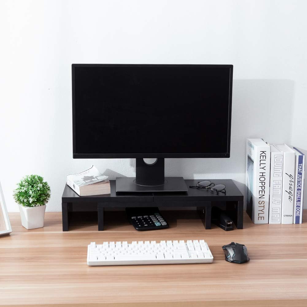 Superjare Dual Monitor Stand Riser, Adjustable Length and Angle Multi Screen Stand, Desktop Stand Storage Organizer for Laptop Computer/TV/PC/Printer- Black : Office Products
