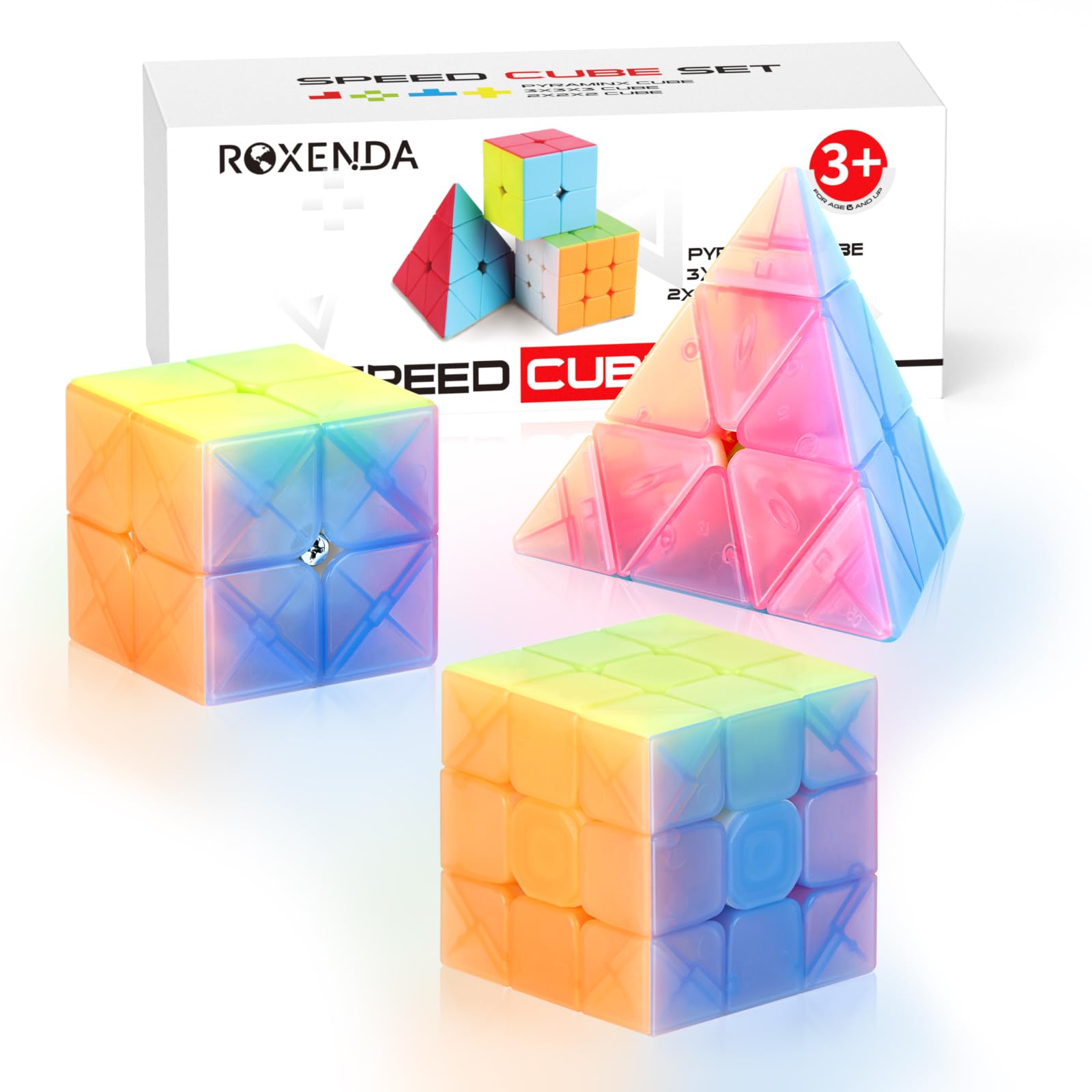 ROXENDA Speed Cube Set, 2X2 3X3 Pyramid Speed Cube Stickerless Fast Cube with Instruction (Jelly cube set)