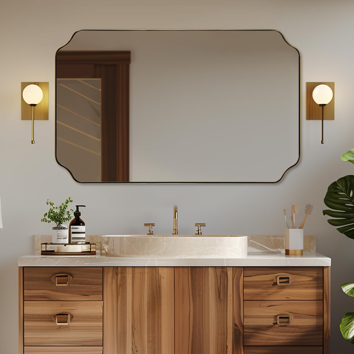 Photo 1 of ANDY STAR 30"x48" Gold Bathroom Mirror, Large Scalloped Wall Mirror, Brushed Brass Mirror in Anti-Rust Stainless Steel Metal, Unique Scalloped Edge Design Decorative for Bathroom, Powder Room