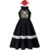 fioukiay Girls Mexican Floral Embroidered Dress Halter Neck Sleeveless Ruffle Party Long Maxi Dresses
