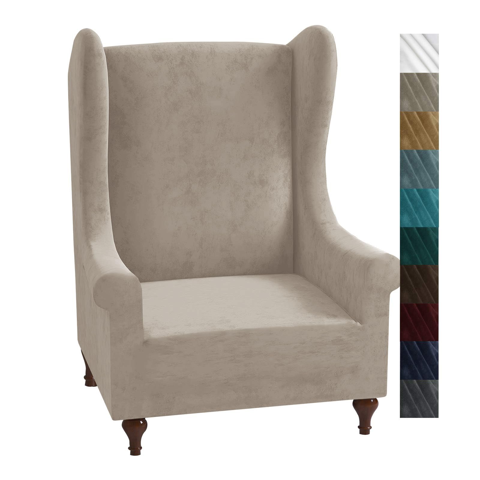 XINEAGE 1 Piece Velvet Wingback Chair Slipcover Stretch Wing Chair Cover Non Slip Furniture Protector with Foam Rods for Living Room (Wingback Chair, Khaki)