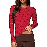 Women Y2k Long Sleeve Polka Dot Shirt Dot Print Slim Fit Crop Top Crew Neck Trendy Going Out Tee Shirt