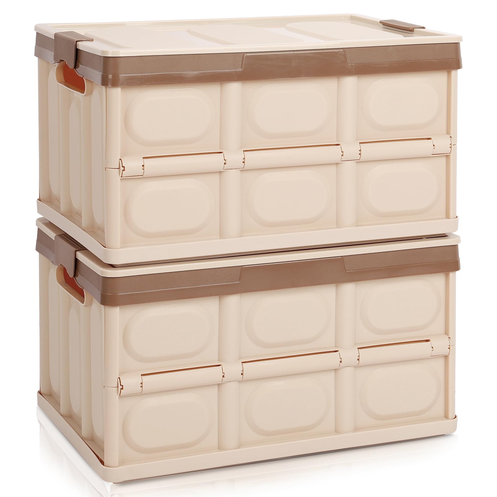 Photo 1 of jocabo Collapsible Storage Box with lid 30L Lidded Storage Bin Crates Plastic Tote Container Stackable Folding Utility Crates Shelf Basket for Clothes Books Snack Shoe Storage Container (Khaki)