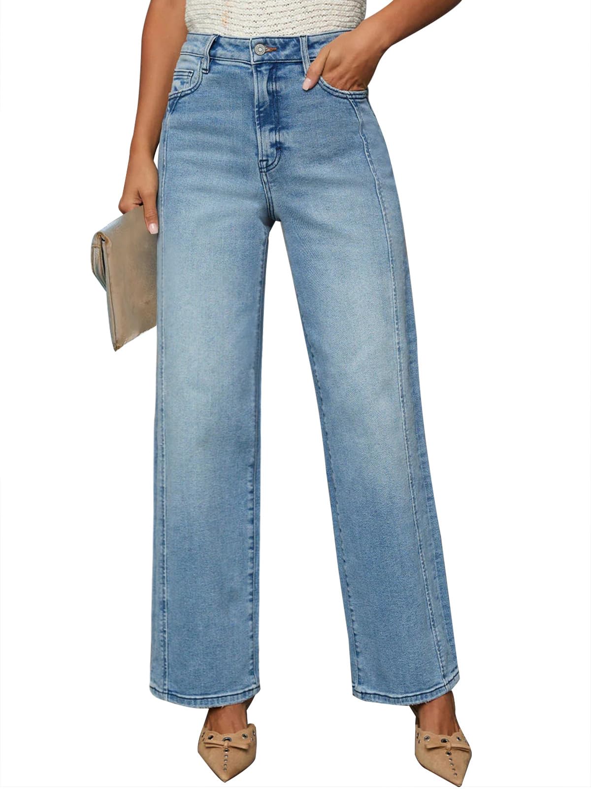 Photo 1 of Jeans for Women Wide Leg High Waisted Trendy Strechy Straight Leg Loose Tummy Control Denim Pants with Pocket 2025