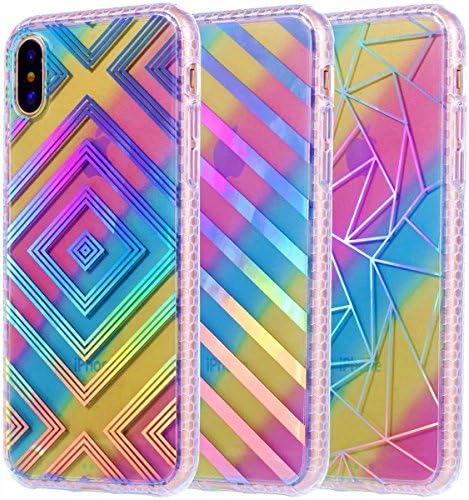 iPhone X Case, ArtMine [3-Pack] Neon Printed Clear Soft Rubber Silicone Protective Phone Cover Case, Cubics/ Stripes/ Diamonds Patterns for Apple iPhone X (2017)