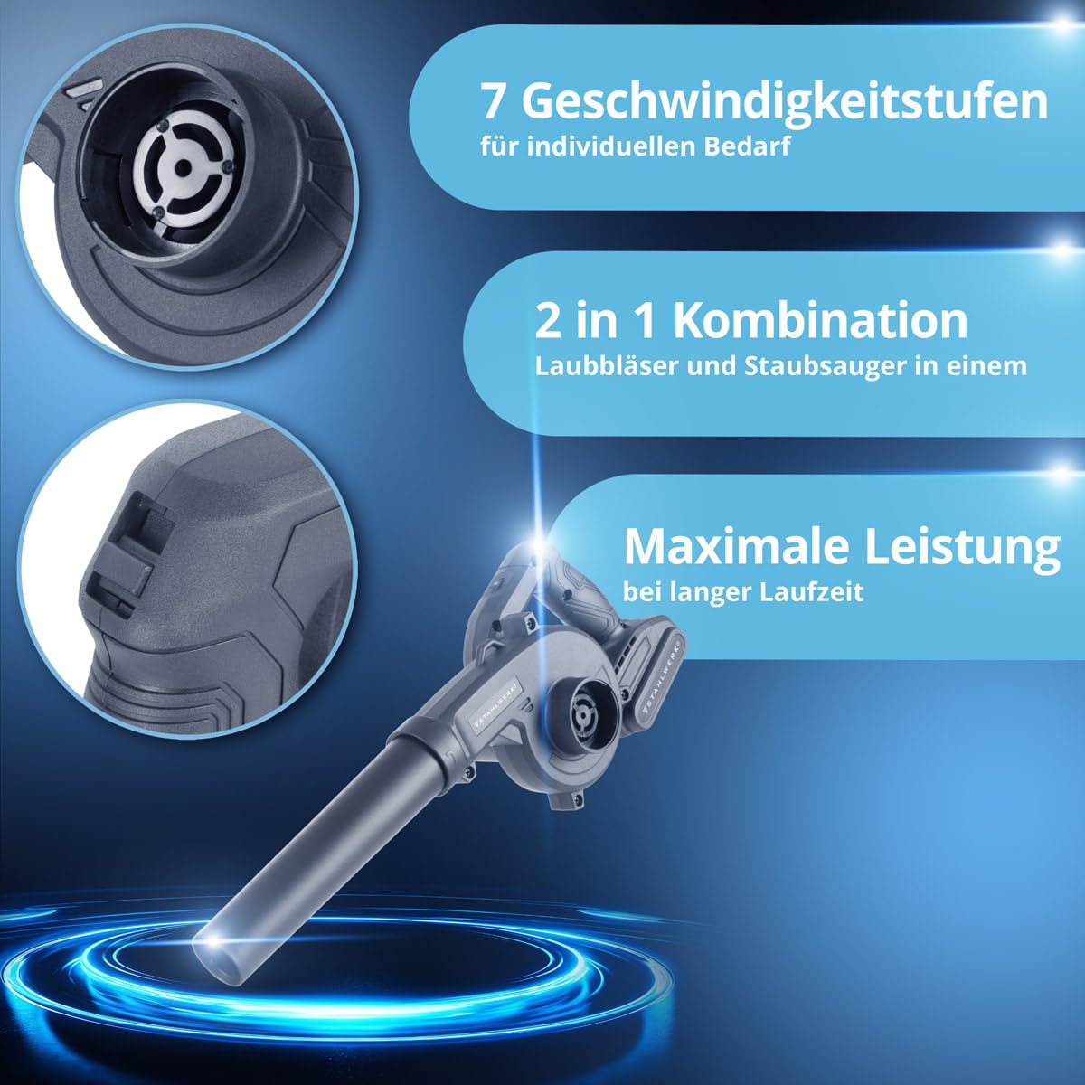 STAHLWERK 2-in-1 Akku-Laubbläser & Staubsauger MAG-20 ST – 20 V mit 2 Ah, kompakter Brushless Bläser für Garten, Straße, Werkstatt & Auto, handlicher Mini-Laubbläser bis zu 98 m/s und 18.000 U/min 4
