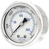 Liquid Filled Center Back Mount Pressure Gauge with 2" Dial, 0-3000 PSI, 1/4" Male NPT Connection, Stainless Steel CASE and B