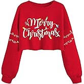 Qbily Women Winter Christmas Crop Sweatshirt Funny Long Sleeve Xmas Merry Christmas Graphic Outerwear Pullover Top