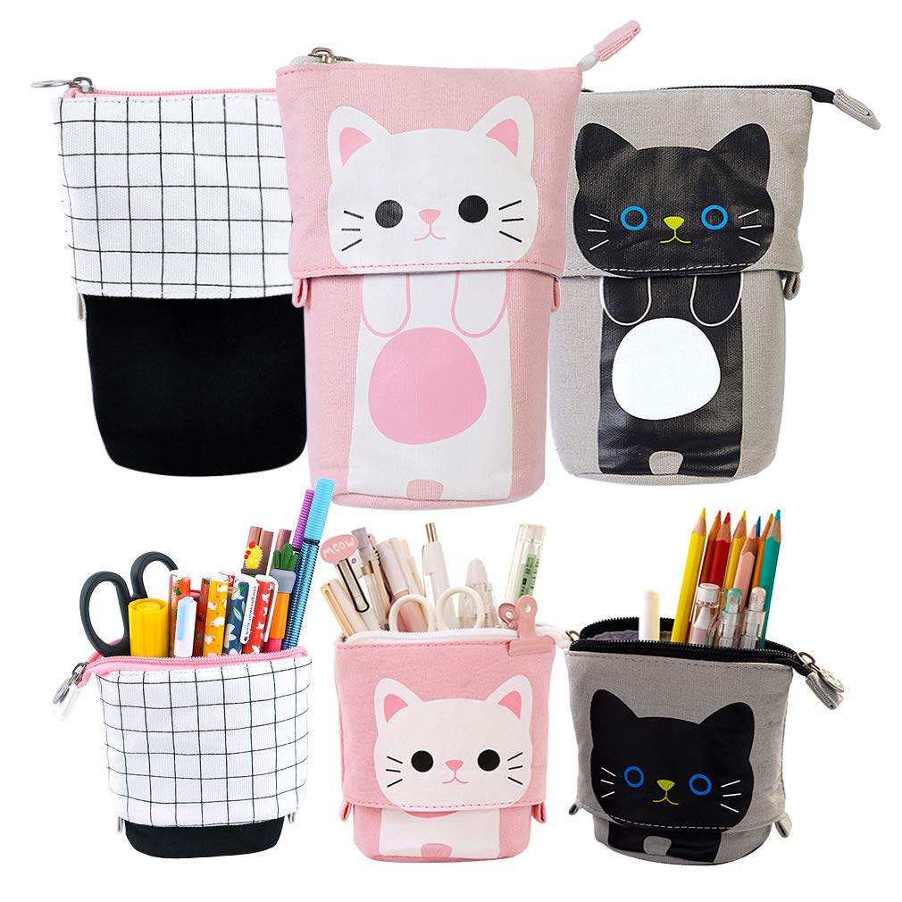 iSuperb 2PCS Retractable Transformer Pencil Case Telescopic Plaid Pencil Bag Cute Cat Stand Up Pen Holder Standing Pencil Box Zipper Pencil Pouch Teens Stationery Bag Organizer (Blue+Khaki)