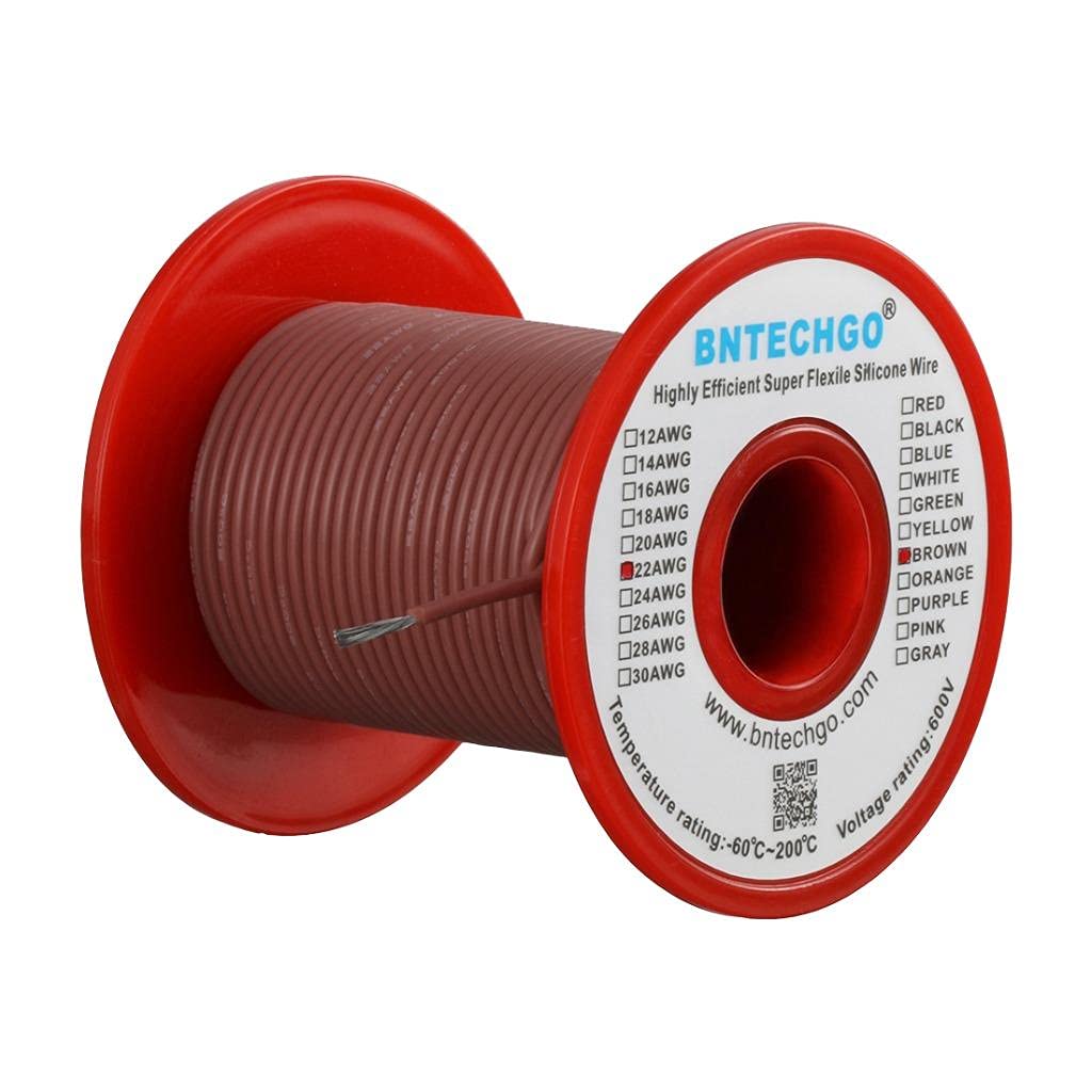 BNTECHGO 22 Gauge Silicone Wire Spool Brown 100 ft Ultra Flexible High Temp 200 deg C 600V 22 AWG Silicone Rubber Wire 60 Strands of Tinned Copper Wire Stranded Wire for Model Low Impedance