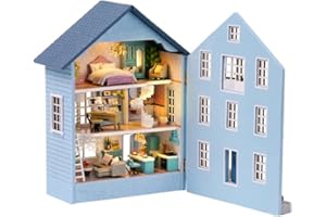 QOOARKER DIY Miniature Dollhouse Furniture Kit 1:24 Scale Mini 3D Mola Dollhouse with LED Handmade Model Building Tiny House Kit Creative Wooden Toy Gift for Kids Adults (The Door can Open and Close)